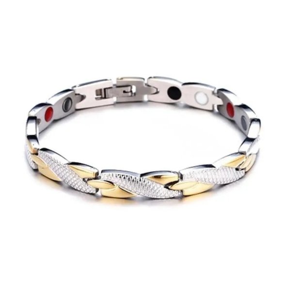 Stylish X Design Stainless Steel Magnetic Bracelet Two Tone Snake Print - Picture 1 of 7